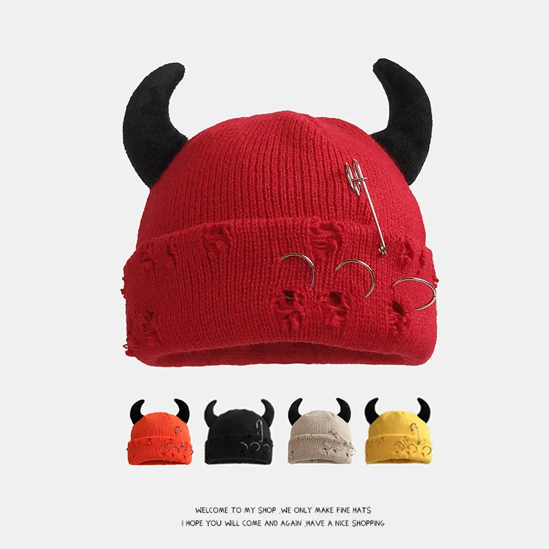NewOriginal Design Halloween Funny Calf Hat Ripped Horn Knitted Hat For Festive Atmosphere Knitted Warm Ear Protection Hat Cold Hat Unisex