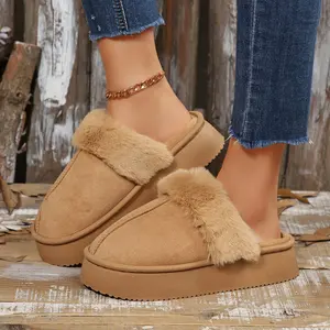 Chunky Sole Plush Slippers for Women Round Toe Warm Suede Indoor Outdoor Mule Shoes