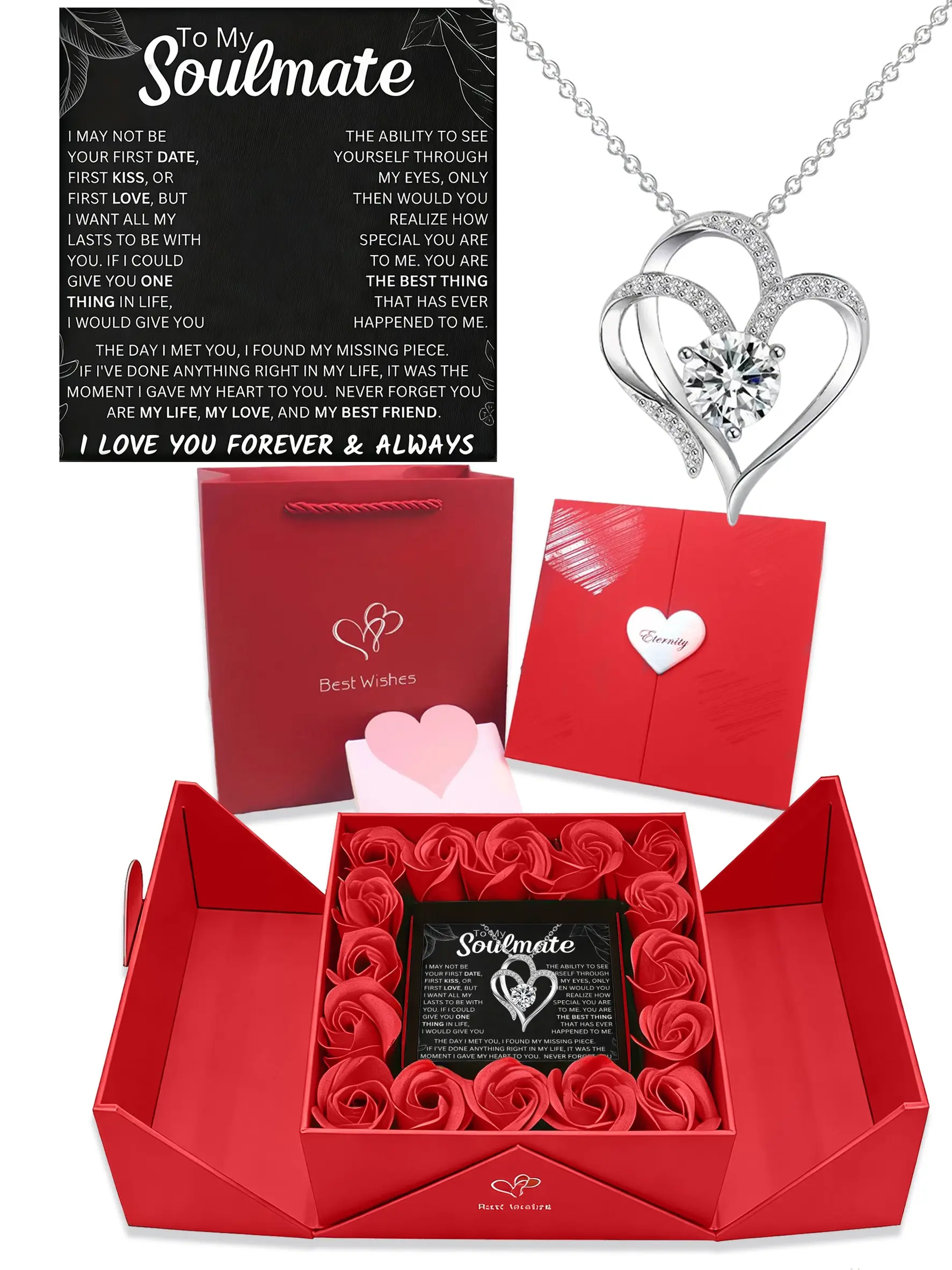 Fashion Dual Heart Pendant Necklace, Copper & Synthetic Zircon, Gift Box with 16 Eternal Roses, Birthday Valentine's Day Anniversary