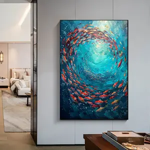 Original School of Fish Oil Painting, Abstract Blue Underwater Art
