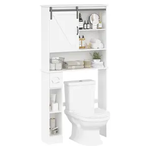 Over the Toilet Storage Cabinet Bathroom Shelf over toilet with Sliding Barn Door, Toilet Organizer with Toilet Paper Holder, Toilet Organizer Rack with Adjustable Shelf for Bathroom, Laundry