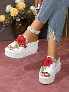 Women's Fashionable Floral Decorated Platform Sandals, Casual Comfortable Platform Sandals for Beach, Fashionable Shoes for Daily Wear, Flower Print Sandals, PU Leather Sandals