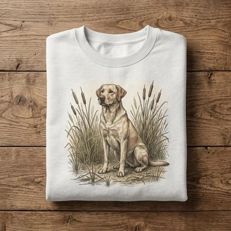 Vintage Yellow Lab Shirt Retro Waterfowl Hunting Sweatshirt Sitting Labrador Dog Graphic Hoodie Marsh Wildlife Nature Art Unisex Tee For Mom