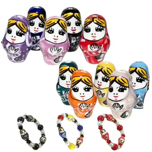 Russian Doll Beads for Bracelet, Ceramic Nesting Dolls Matryoshka Babushka Beads, Christmas Gift for Beader, Asst, 10 Pcs