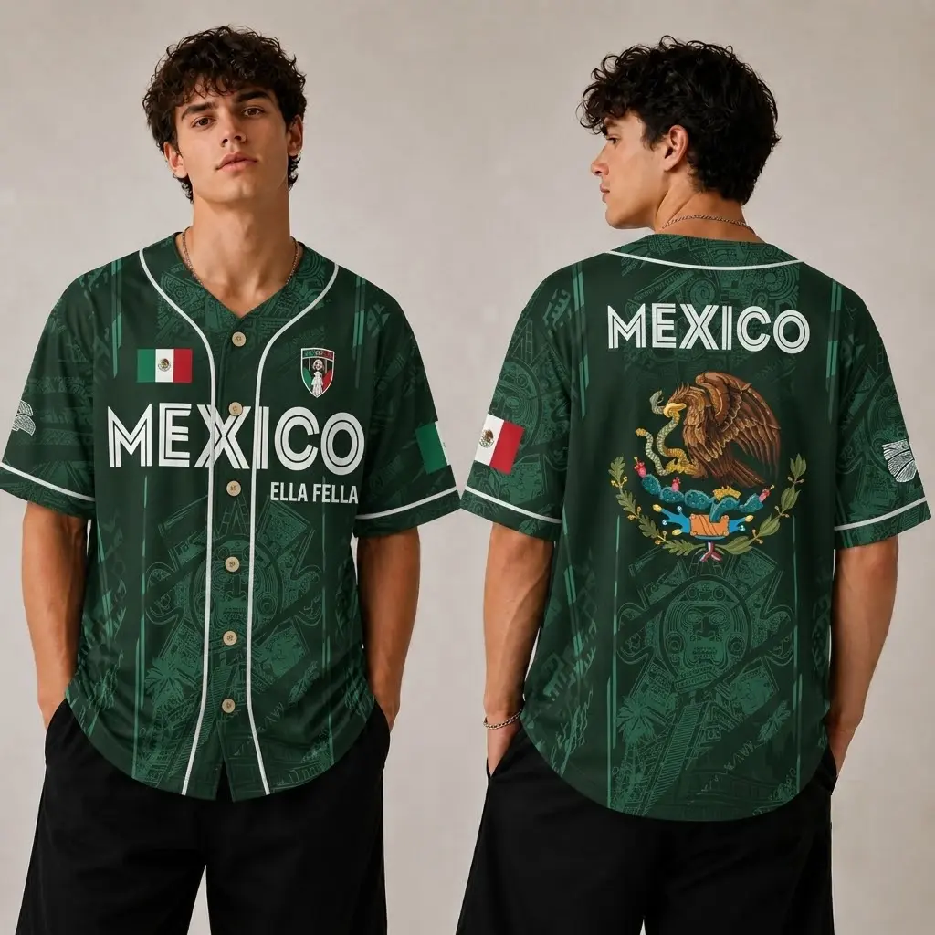 2 Designs Green& White Mexico Aztec Pattern Baseball Jersey, Vintage Mexican Button Down Tops, Casual Clothing For Both Men & Women