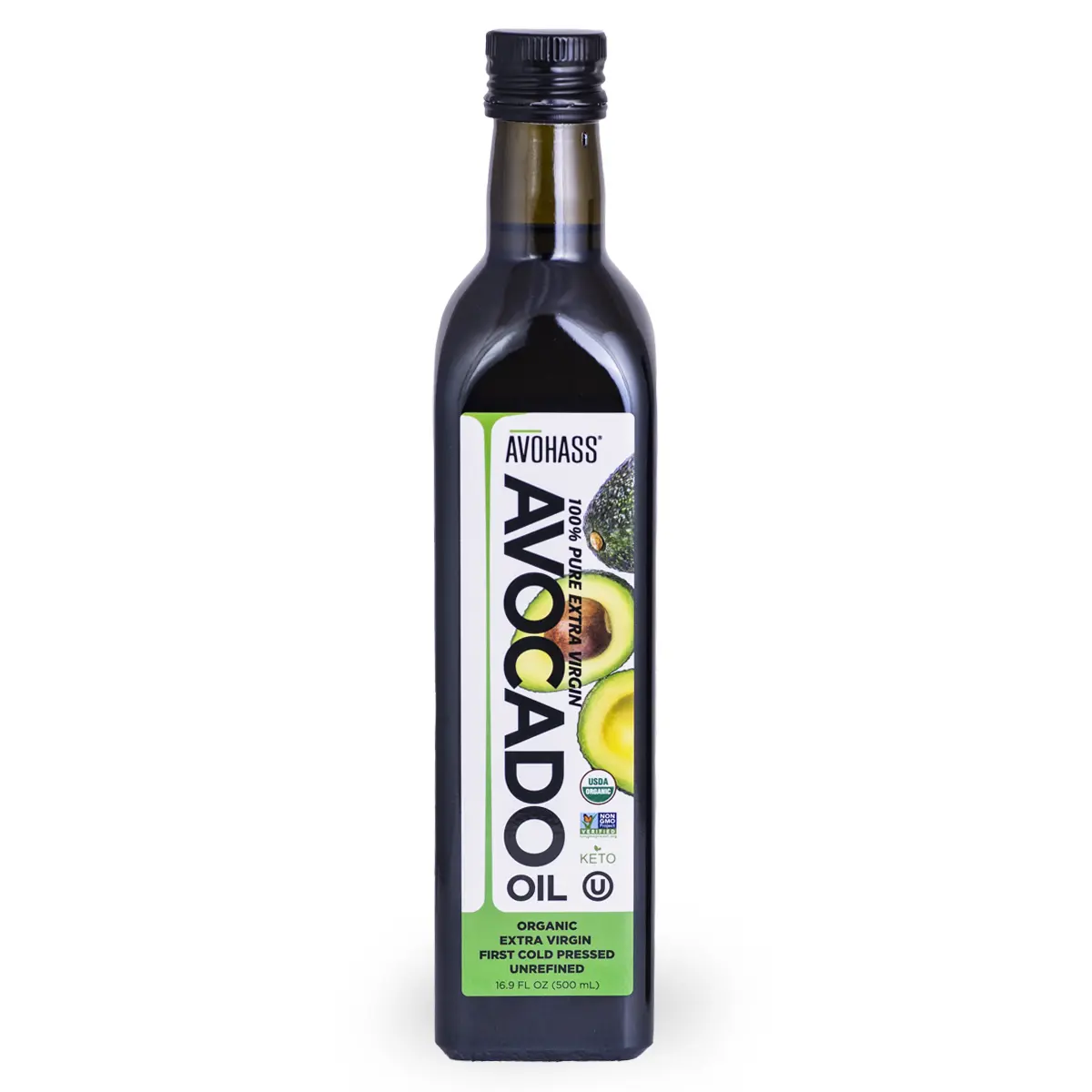 Avohass Organic Extra Virgin Avocado Oil 16.9 oz – USDA Organic, Non-GMO, Kosher, Cold Pressed, Rich Avocado Flavor, Medium Heat Cooking Oil (Up to 400°F), Product of Mexico