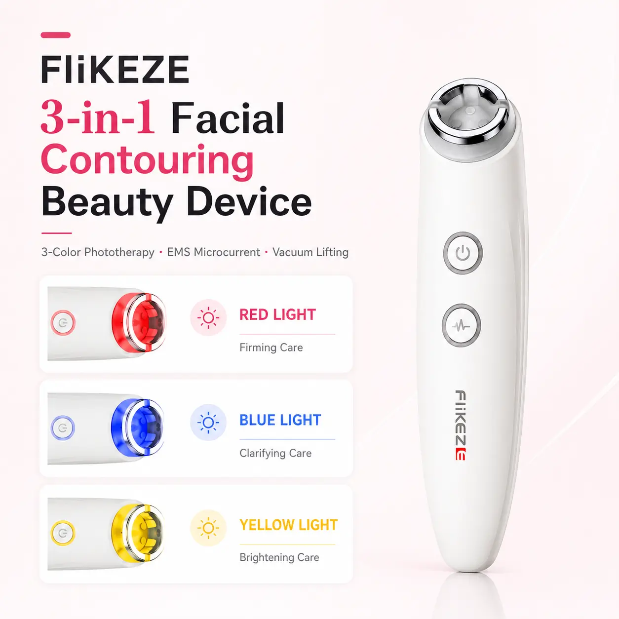FLIKEZE VacuLift Trio 3-in-1 Facial Massager for Skin Firming & Puffiness Relief, Rechargeable Device with Microcurrent, Vacuum Therapy & 3-Color LED Light, Daily, Face Skin, 5000Mah, Portable