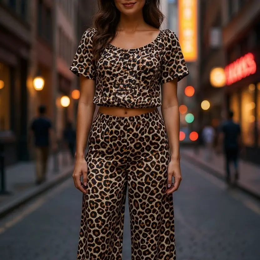 Cheetah Print Fitted Short Sleeve Crop Top & Pants Set for Women Cute fall outfit