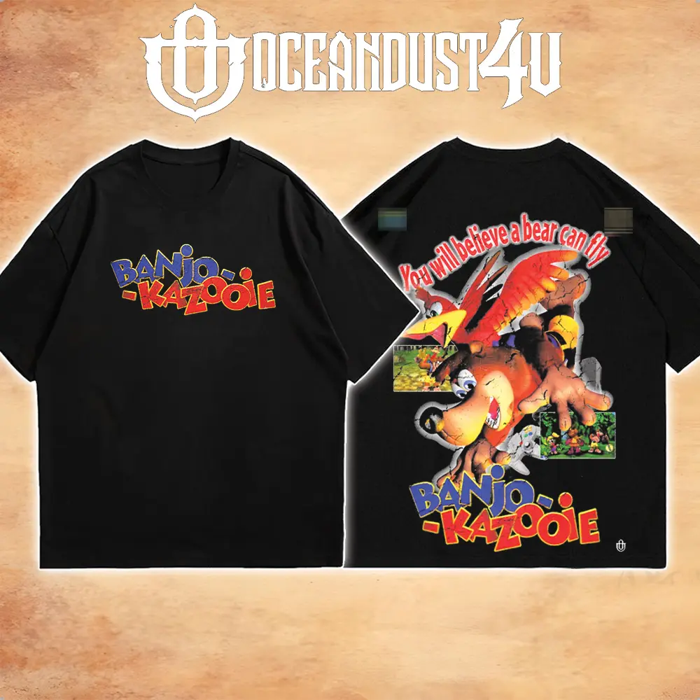 OceanMOB4U Banjo-Kazooie Black T-Shirt, Front and Back Character Graphic Gaming Tee, Retro 3D Platform Adventure Video Game Shirt, Unisex Gamer Gift