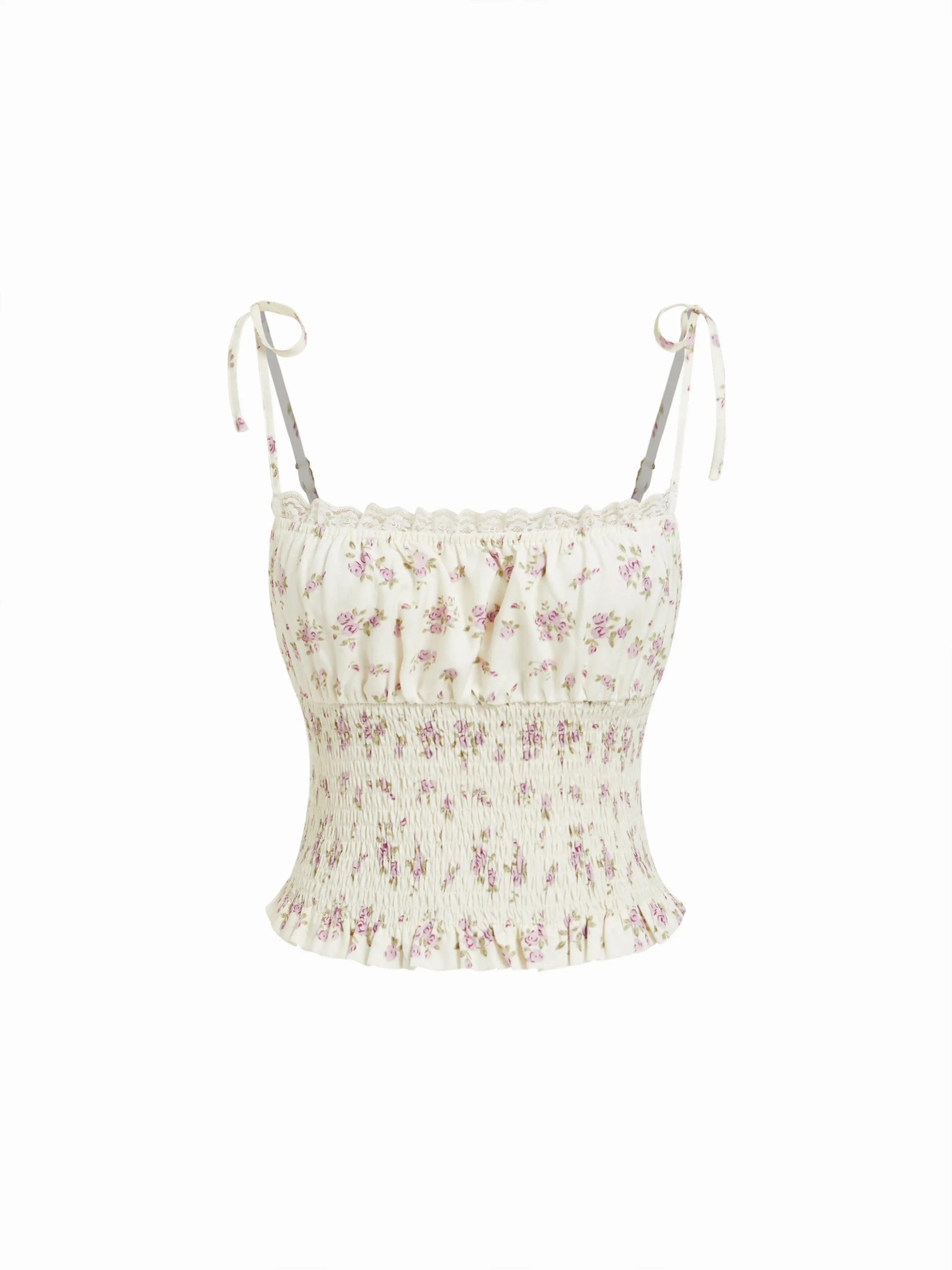 Cider Women's Sweet Cute Floral Lace Camisole - Woven Elastane Spaghetti Strap, Short Crop, Sleeveless Slim-Fitting Top with Shirred Detail, Mini Length Tank