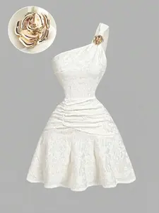 Women's Elegant Aesthetic One-Shoulder Floral Fitted Dress, Slim-Fitting Short Skirt with 3D Flower Decoration, Fashion & Daily Wear