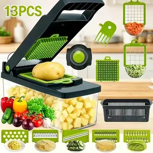 13pcs Upgraded Vegetable Chopper, Multifunctional Fruit Slicer, Handle Based Food Grater, Container Cutting Tool, Multi Blade Replaceable Onion Chopper, Household Potato Slicer