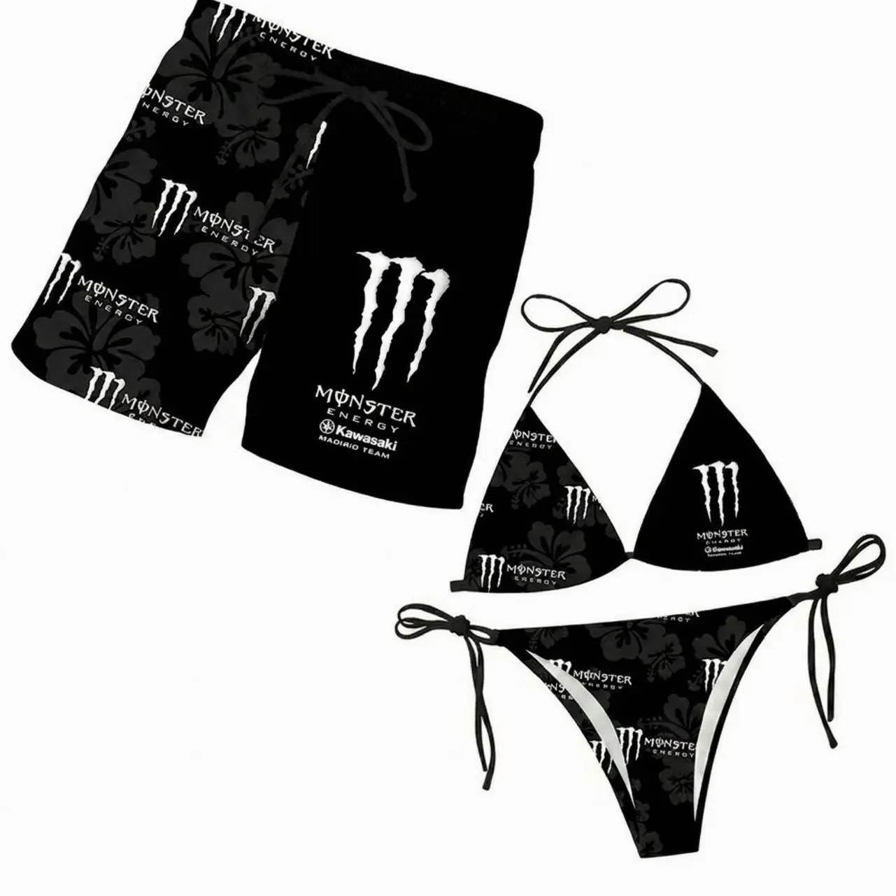 Monster Energy Collection Couples Matching Swimwear Set - Women's Triangle Tie-Side Bikini, Men's Beach Shorts, Summer Vacation Hawaiian Sports & Outdoor Outfit