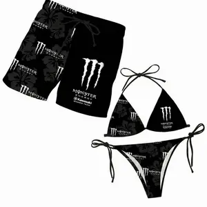 Monster Energy Collection Couples Matching Swimwear Set - Women's Triangle Tie-Side Bikini, Men's Beach Shorts, Summer Vacation Hawaiian Sports & Outdoor Outfit