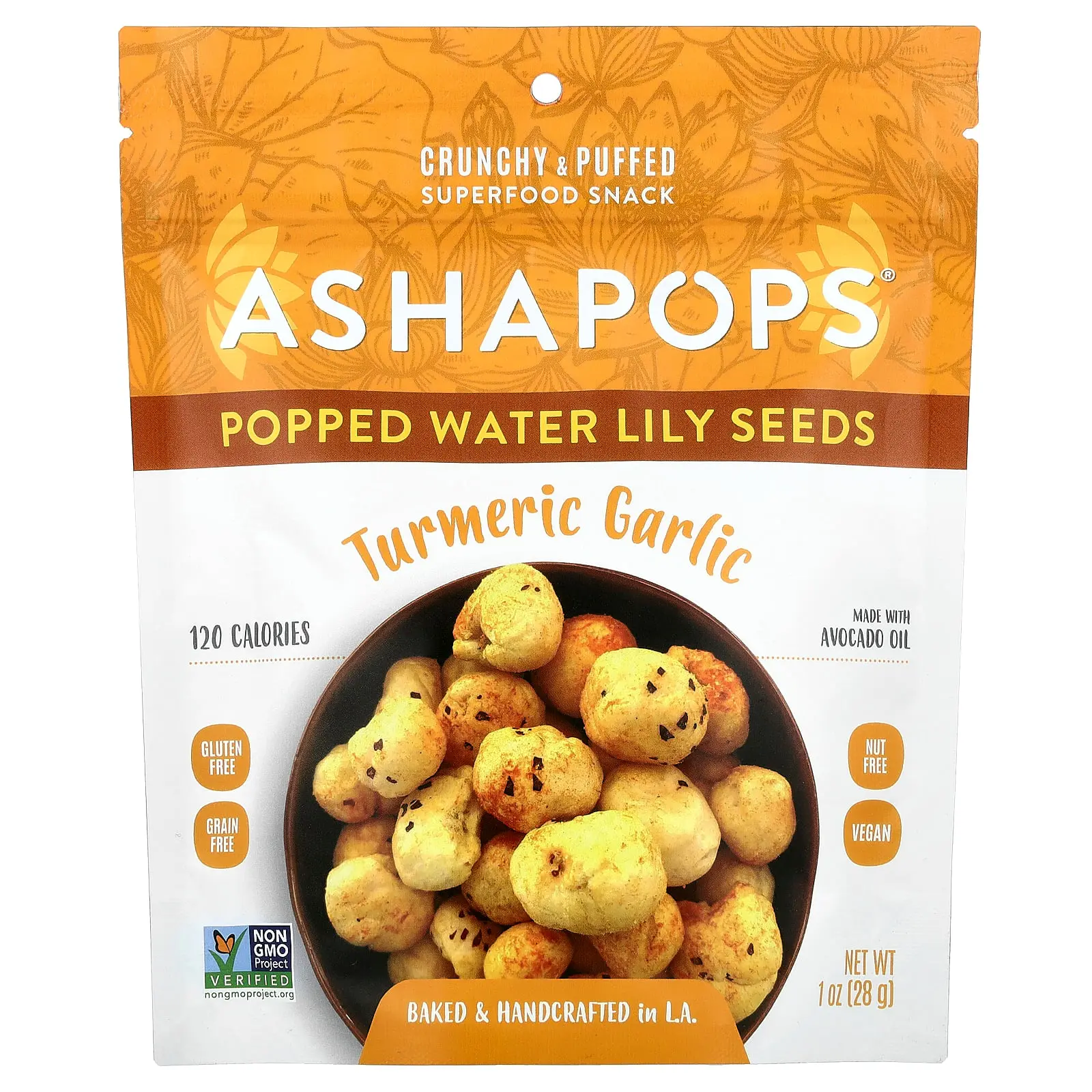 AshaPops Popped Water Lily Seeds, Turmeric Garlic, 1 oz (28 g)