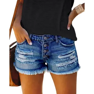 Women's Mid Rise Ripped Stretchy Jeans Shorts Frayed Raw Hem Casual Denim ShortsGift