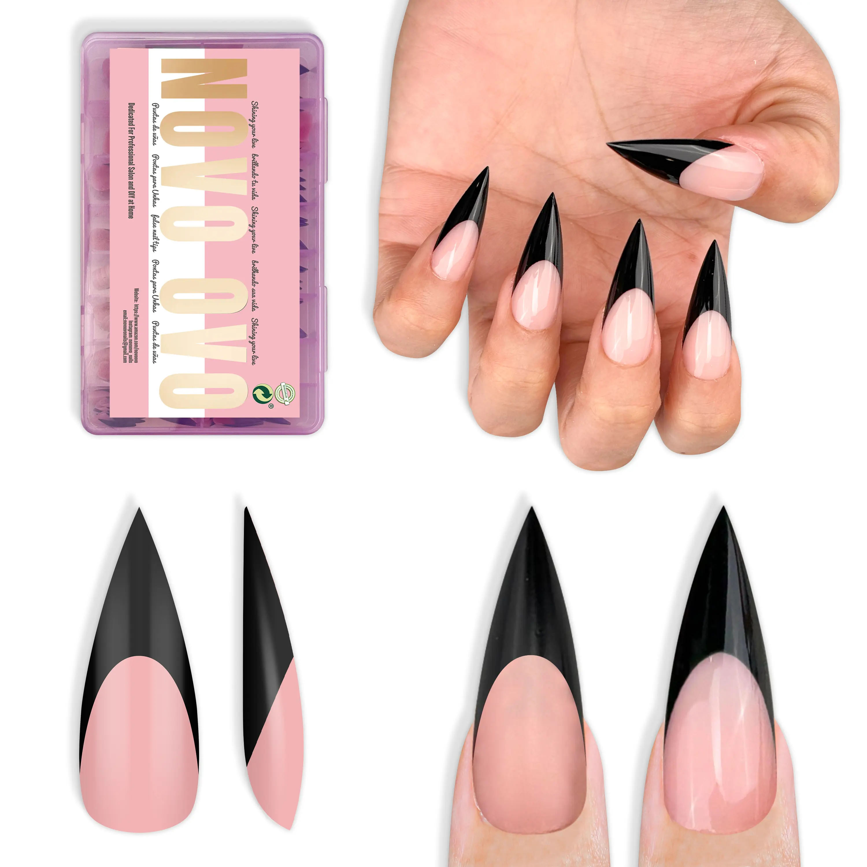 NOVO OVO Press on Nails, Soft Gel Stiletto Nail Tips, Black French Tip Full Cover DIY Kit, Medium Long Length, 160 Pcs, 16 Sizes, Diy Nail Kit