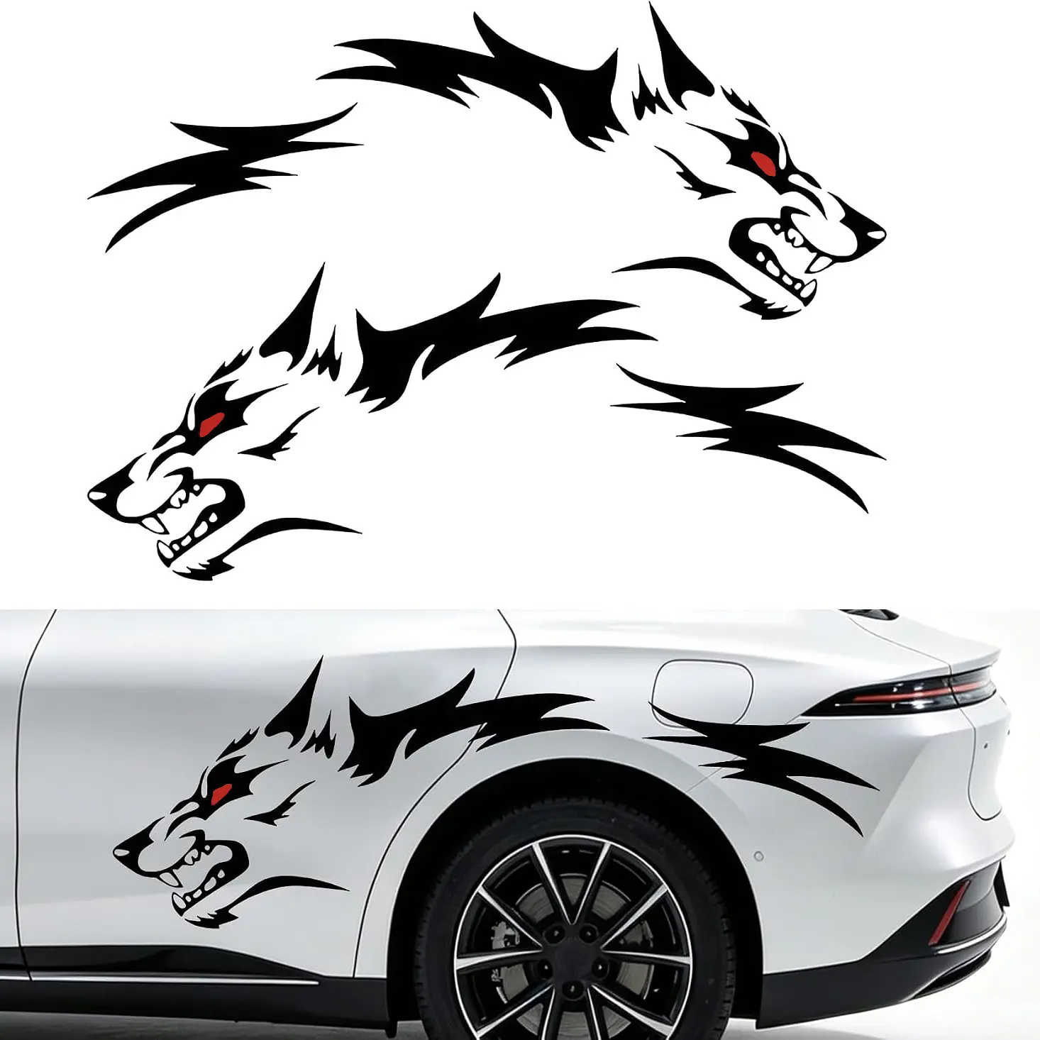 RAVOONY 2Pcs Red-Eyed Wolf Head Irregular Decals, Bold Fierce Design Waterproof Vinyl Car Body Stickers, Decals for Truck, Universal Automotive Exterior Decoration Accessories