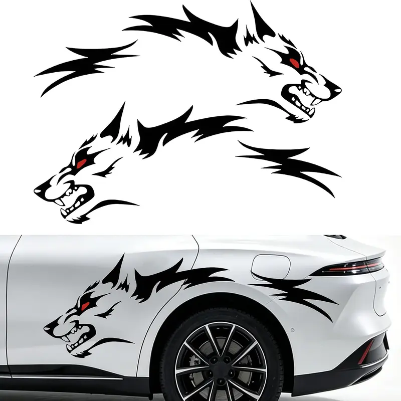 RAVOONY 2Pcs Red-Eyed Wolf Head Irregular Decals, Bold Fierce Design Waterproof Vinyl Car Body Stickers, Decals for Truck, Universal Automotive Exterior Decoration Accessories