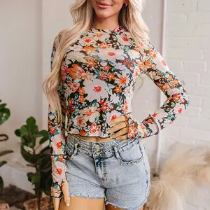 Orange Floral Mesh Slim Long Sleeve Crop Top