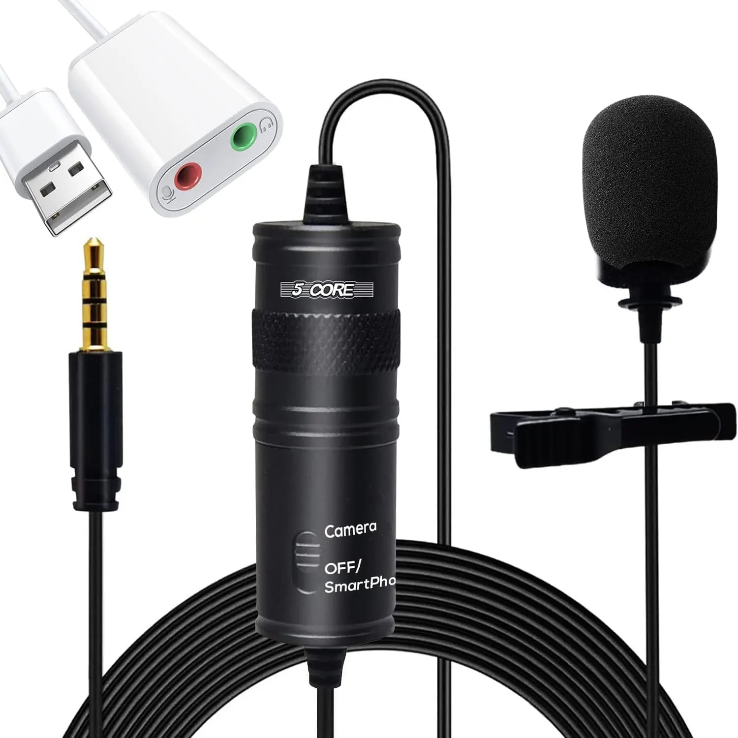 5 Core Microphone Professional Lavalier Mic Wearable Omnidirectional 3.5mm Body Lapel Smartphone Camera Recording Microfono w Adapter - CM 001 ADP