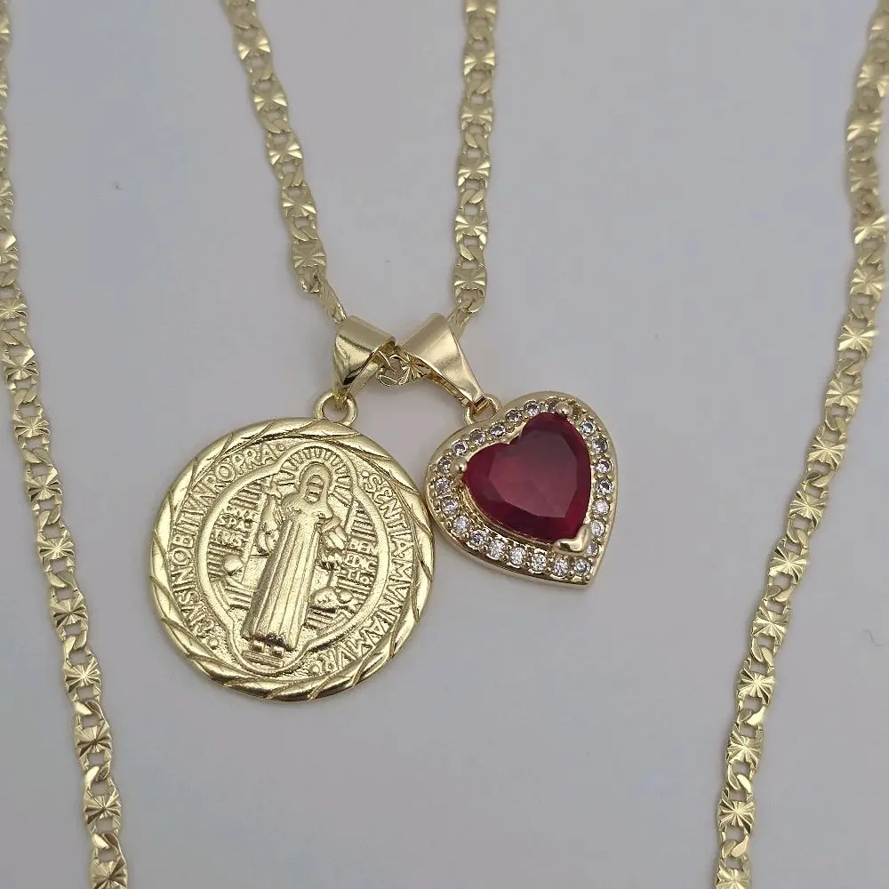 Saint Benedict with red heart  religious necklace regular style gold-plated 24"inches