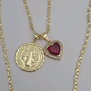 Saint Benedict with red heart  religious necklace regular style gold-plated 24"inches