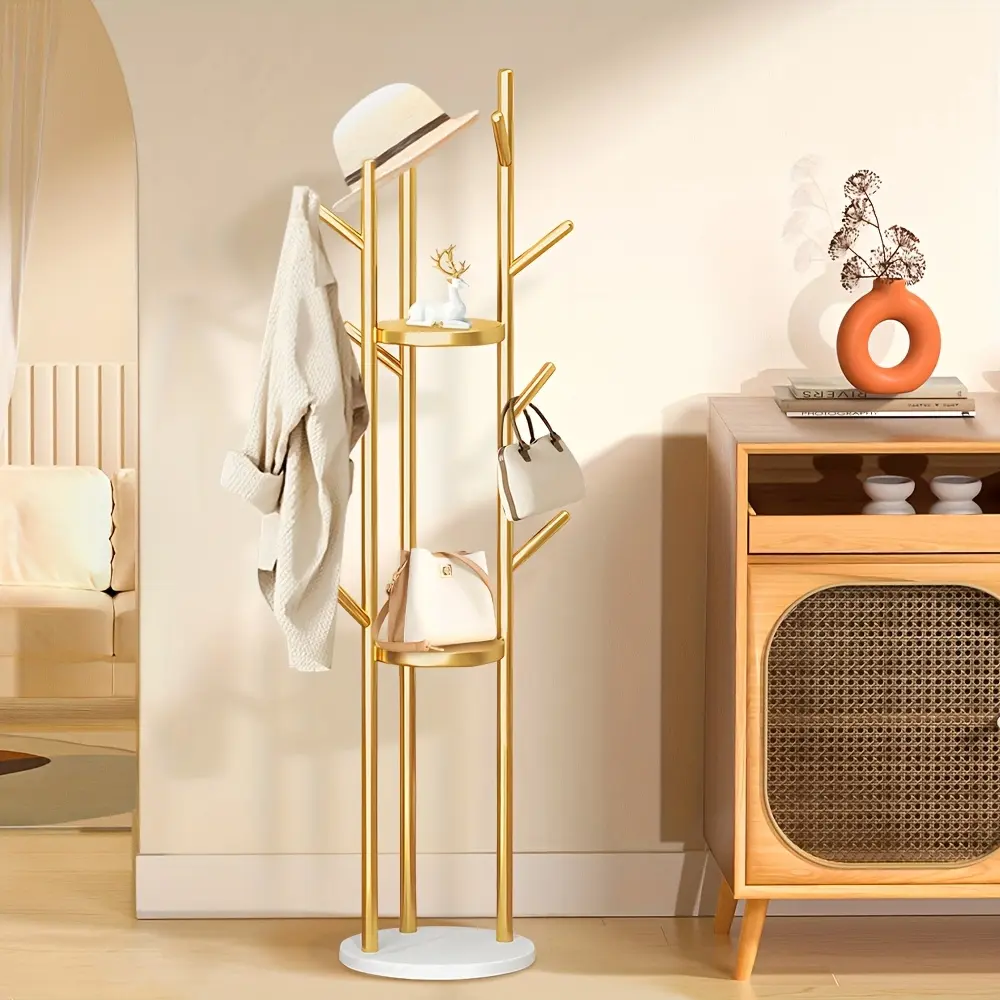 Gold Coat Racks Freestanding with 9 Hooks, Gold Coat Rack,  Marble Base, Modern Coat Tree, for Hanging Hats, Scarves, Bags, Modern Coat Rack with Double Shelves, Corner Coat Rack