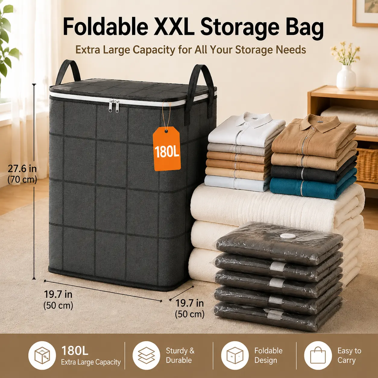 XXL Foldable Storage Bag 180L - Large Clothes Organizer with Handles