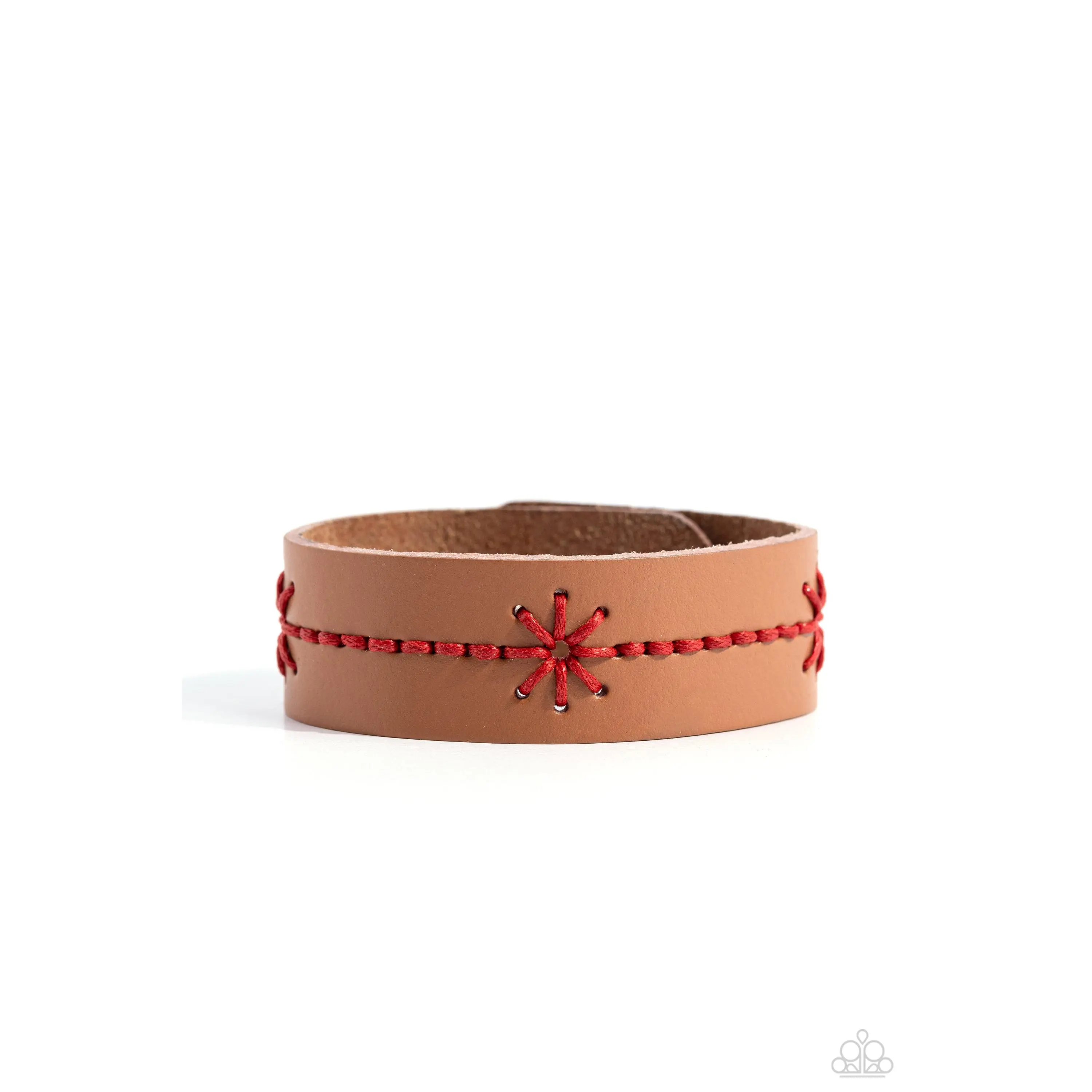 Cross-Stitched Gardens - Red Stitching Brown Leather Wrap Bracelets - Paparazzi