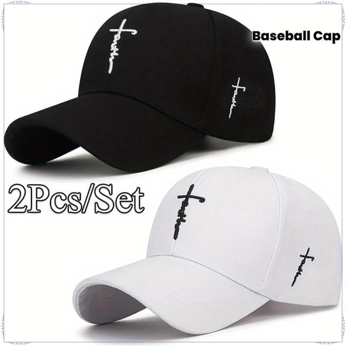 2026 Stylish 2-Piece Baseball Cap Set – Black and White Cross Embroidered Adjustable Caps for Men and Women Structured Dad Hat with Jesus Faith Design