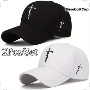 2026 Stylish 2-Piece Baseball Cap Set – Black and White Cross Embroidered Adjustable Caps for Men and Women Structured Dad Hat with Jesus Faith Design