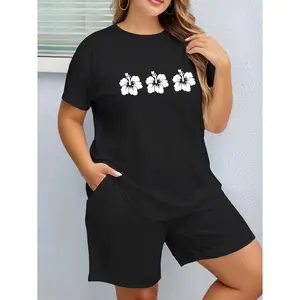 Womens Cotton Short Sleeve Graphic Tee Black Hawaiian Hibiscus Flower Print Summer Vacation Beach Casual Streetwear Soft Breathable Everyday Top