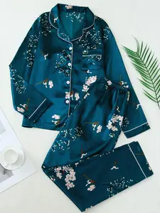 Women's Floral Pattern Button Front Pocket Shirt & Pants Satin Pyjama Two-piece Set, Casual Comfy Long Sleeve Top & Trousers PJ Set, Ladies Sleepwear for Spring & Fall, Pajamas, Loungewear