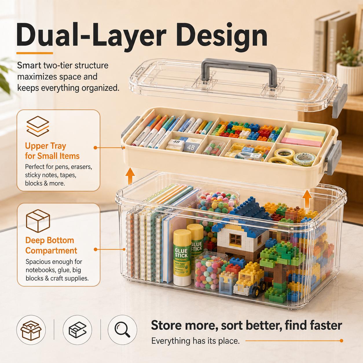 UFORU Compartmented 2-Tier Storage Organizer with Handle for Carry - Home Supplies Zoned Storage Organization, Large Capacity Portable Craft Box for Pens, Markers, Art Supplies, Kids’ Small Building Blocks & Toy Parts, Transparent Multipurpose Organizer