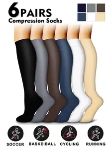 Compression Socks for Men & Women, 20-30mmhg Knee High Design, Running Performance Recovery, 6 Pairs for Circulation Support, Polyester Athletic Socks, Sports Socks