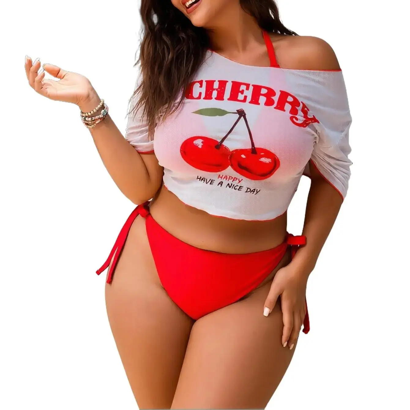 Women's 3-Piece Beachwear Set | Cherry Print Off-Shoulder Knit Cover-Up with a Side-Tie Halter Bikini, Beachwear Swimsuit Set, Knit Bikini Short & Top Sets