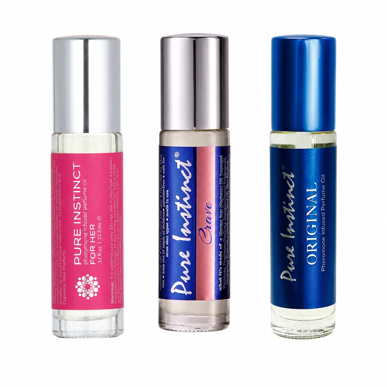 [Pure Instinct] Signature Set | 3x Pheromone Perfume Roll-Ons (CRAVE, ORIGINAL & FOR HER), Long-Lasting Perfume Oil for Women & Men, Jasmine Vanilla Musk & Floral Scents, The Viral TikTok Fragrance, 0.34 fl oz Each, TSA Ready