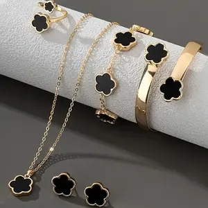 2026 Lucky Flower Design Fashion Jewelry Set for Women - 6Pcs Gold Plated Necklace Earrings Bracelet Bangle Ring, Elegant Vintage Floral Trendy All-match Matching & Exquisite Jewelry Accessories Gift for Birthday Valentine's Day Women & Girls Party Daily
