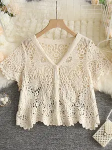 Women's Plain Hollow Out Cardigan, Boho Casual V Neck Short Sleeve Knit Cardigan for Summer, Fashion Women's Knit Clothing for Daily Wear, Tops