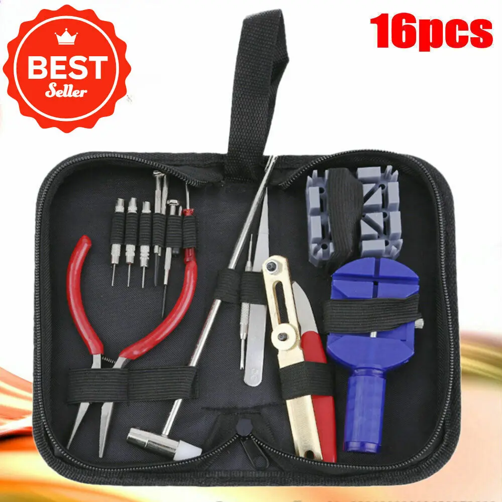 16pcs Watch Repair Tool Kit Link Makeup Remover Spring Bar Tool Box Opener Kit