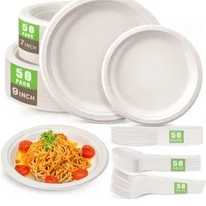 250Pcs Disposable Paper Plates Set Compostable Sugarcane Eco Friendly 50 Pack 7 Inch & 9 Inch Plates