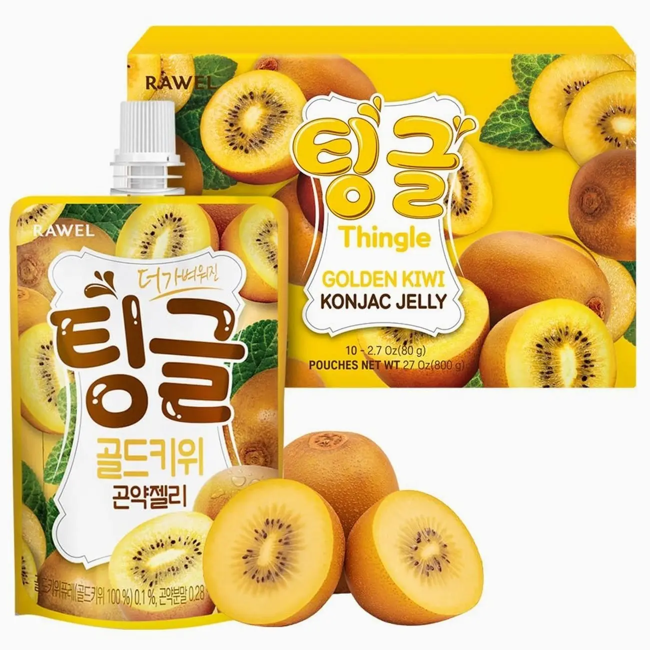 Rawel Thingle Delicious Konjac Jelly 1box (80g x 10packs) / 6 Calories per pouch/Sugar Free/Low Calories/Fruit Flavor Jelly with low carb/Drinkable Zero Sugar Jelly Dessert (Golden Kiwi)