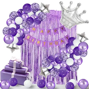 Purple Birthday Party Decoration Set with Banner, Confetti Balloons, Crown Foil, and Fringe Curtain