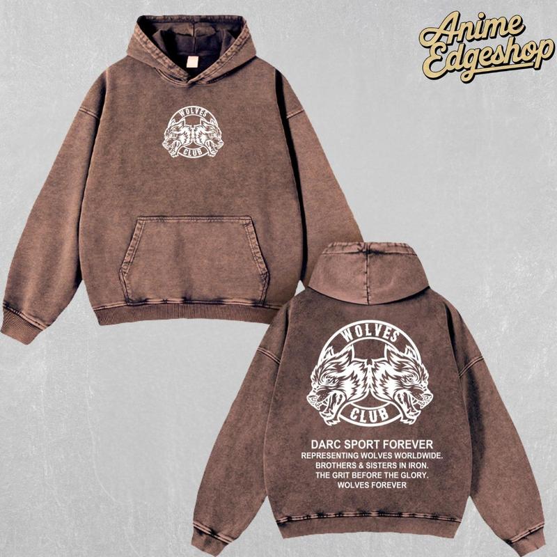 Wolves Club Darc Sport Washed Hoodie & T-Shirt | Heavyweight Vintage Streetwear, Retro Wolf Gym Graphic Tee, Brotherhood Iron Family Gift for Fitness & Hiphop Fans Menswear Thick Tops