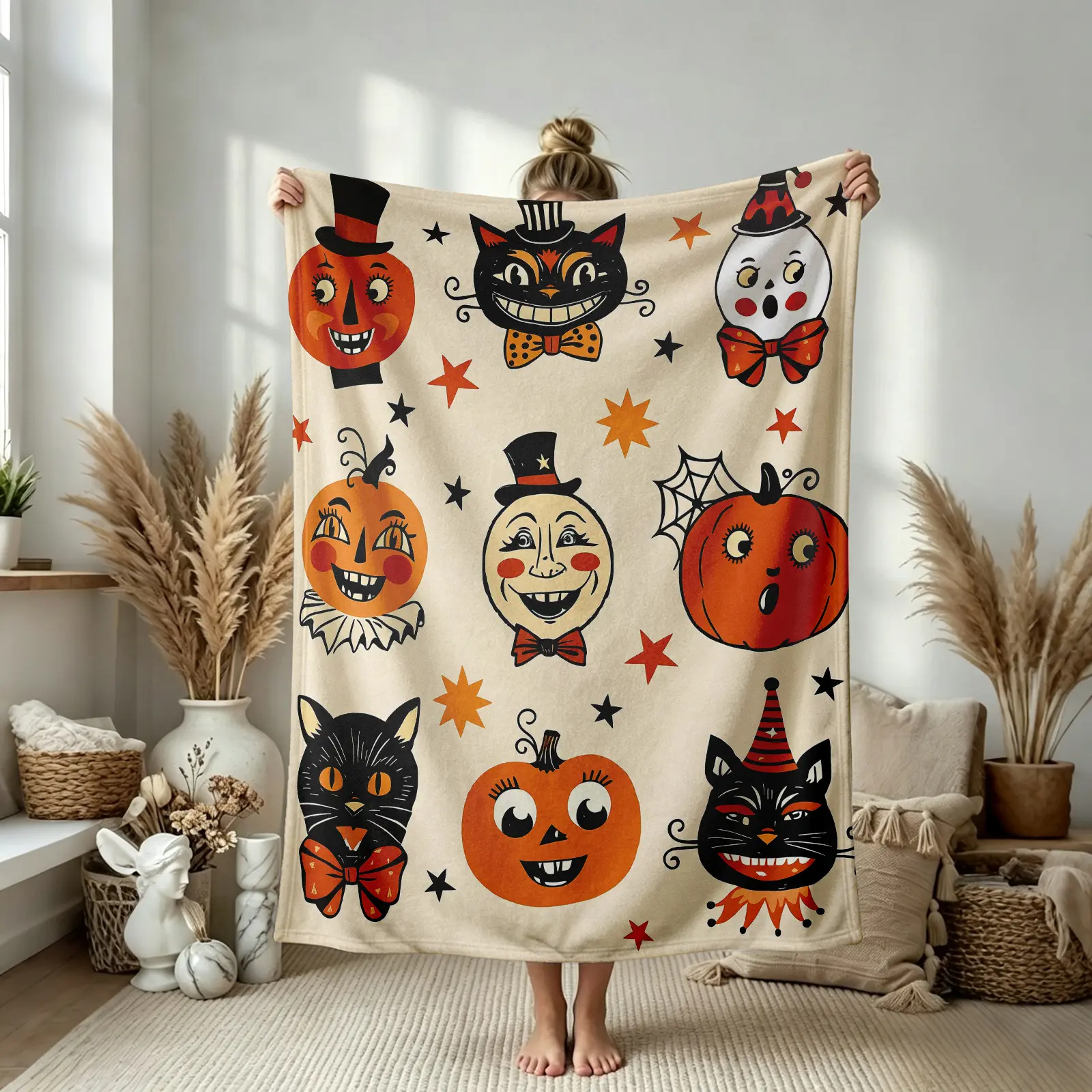Vintage Halloween Flannel Blanket Throw - Ultra-Plush Soft Brushed, Black Cat & Pumpkin Design, All-Season, Machine Washable, Lightweight, Multi-Size, Room Decor, Portable Indoor Use Cover for Home Office, Halloween Gift