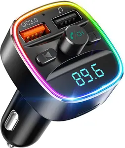 Bluetooth FM Transmitter, Bluetooth Car Adapter with Dual USB Charger Wireless Radio Car Kit MP Player Support TF Card & USB Disk, HandsFree Calling,  Colors Led Backlit Light, Black