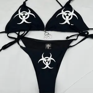 Black Y2K Biohazard Bikini Set - Halter Top & V-String Bottoms for Women