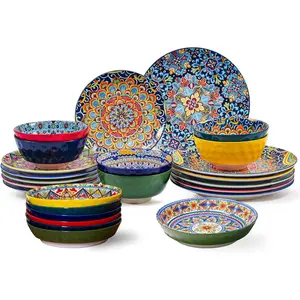 24 count Dinnerware Sets, Ceramic Plates and Bowls Set, Microwave and Dishwasher Safe, Scratch Resistant, Bohemian Style Dishware Set, Service for 6