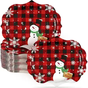 50-Piece Oval Christmas Buffalo Check Snowman Dinner Plates Disposable Snowflake Trays 10x12 Inch Winter Christmas Snowman Dinner Plates Paper Decorative Holiday Cheer Plaid Dinnerware Set Ideal for Dinner Service